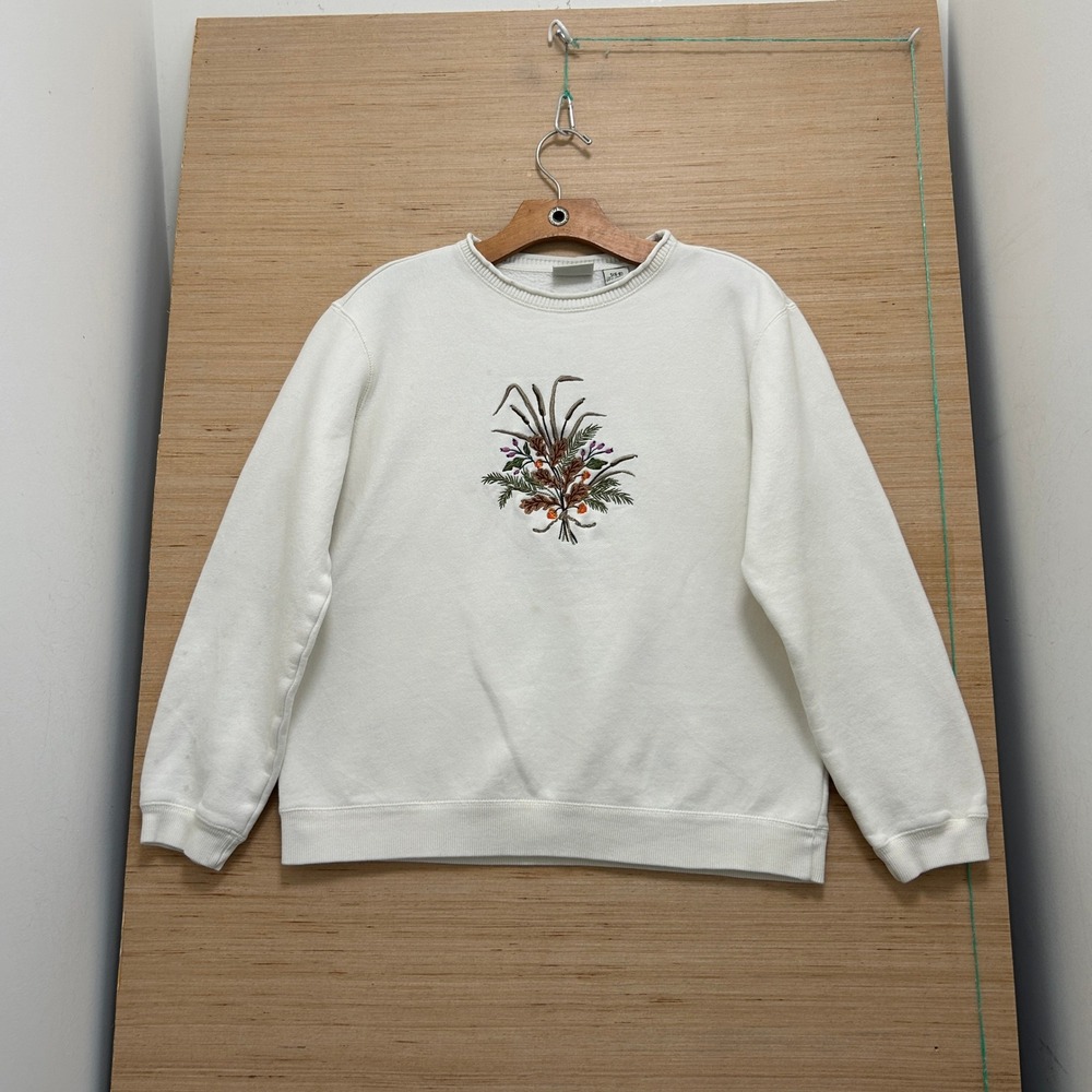Classic Elements Cream Embroidered Nature Floral Sweatshirt Small Vintage Style